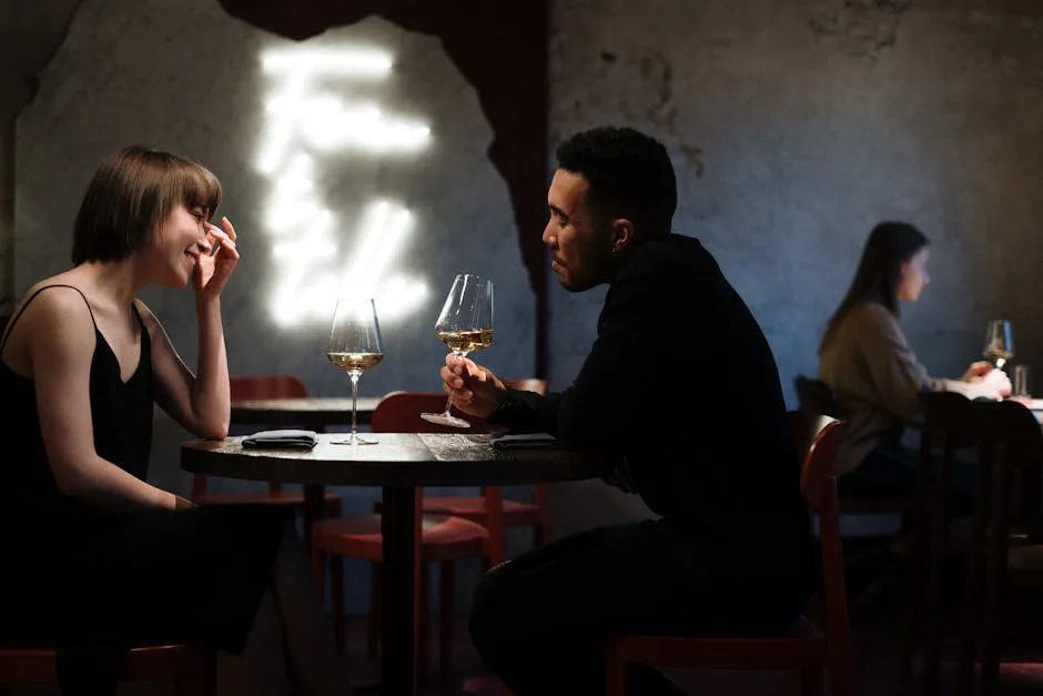 Couple enjoying a romantic evening with white wine in a stylish bar setting.